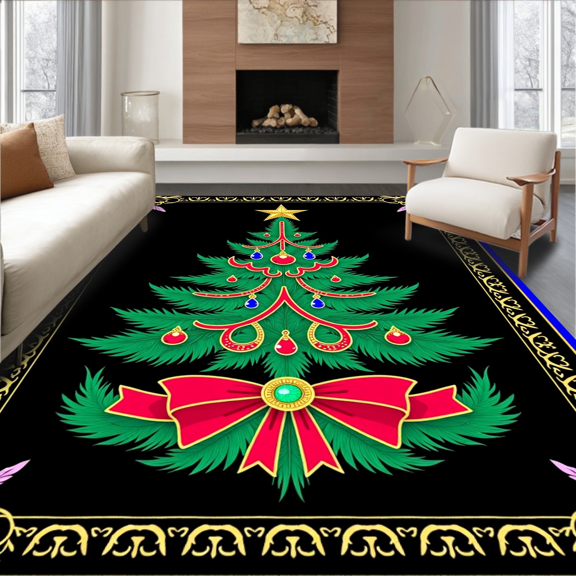 Festive Emerald Christmas Tree Bow Rug