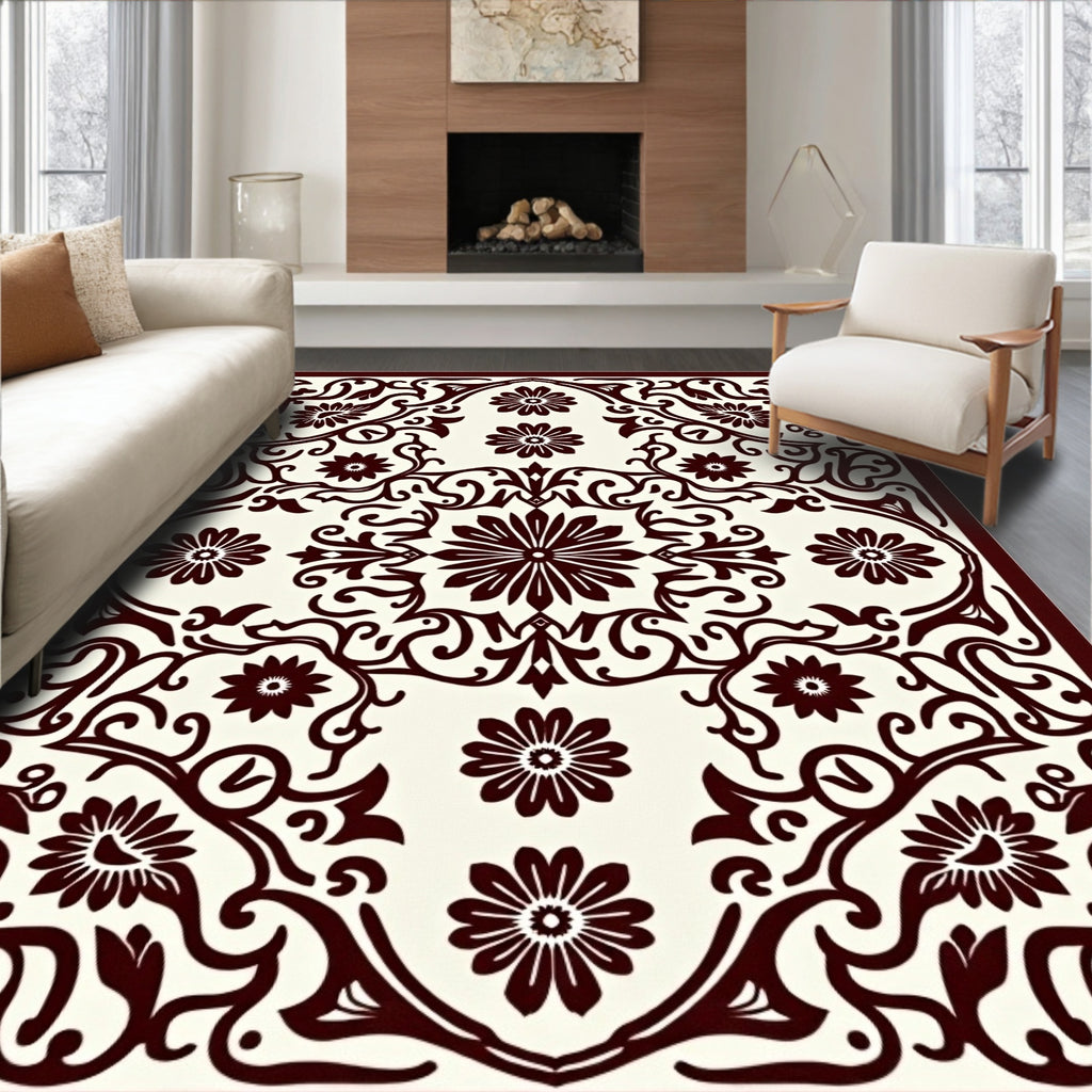 Deep Burgundy Floral Symmetry Rug