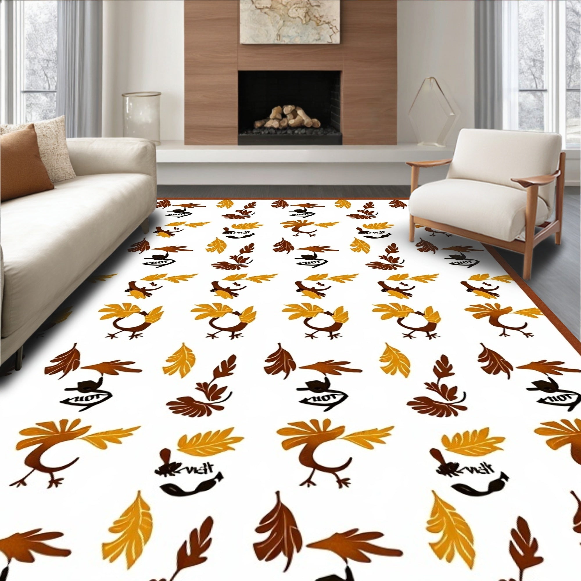 Whimsical Brown Bird Leaf Composition Rug
