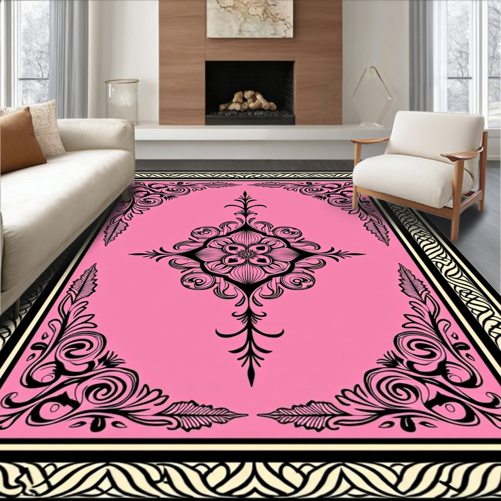 Pink Black Floral Medallion Border Rug