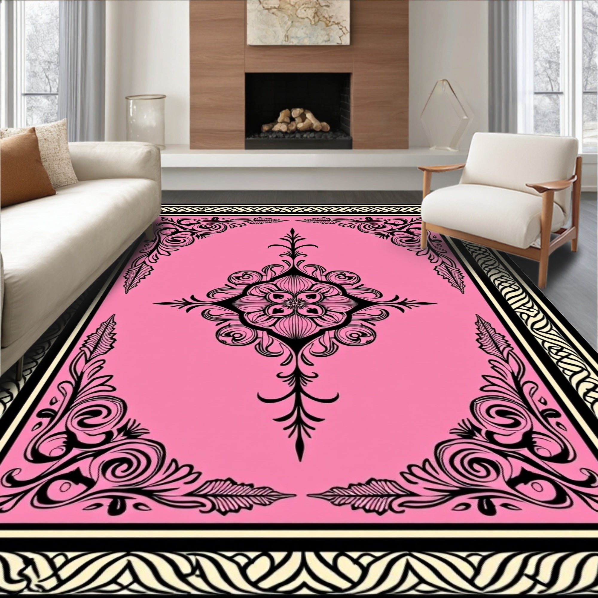 Pink Black Floral Medallion Border Rug