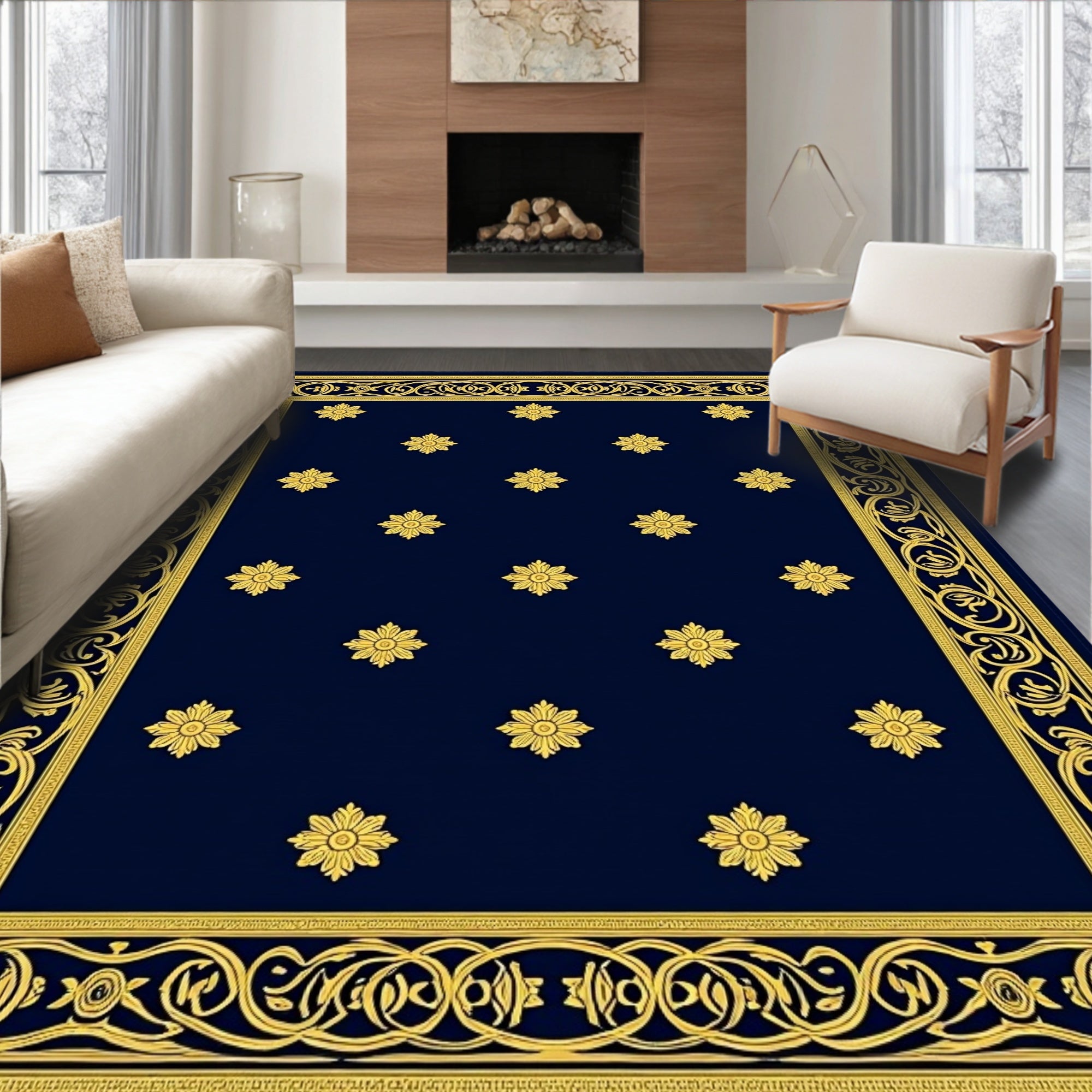 Naval Blue Golden Floral Border Rug