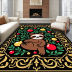 Whimsical Sloth Floral Red Yellow Round Rug