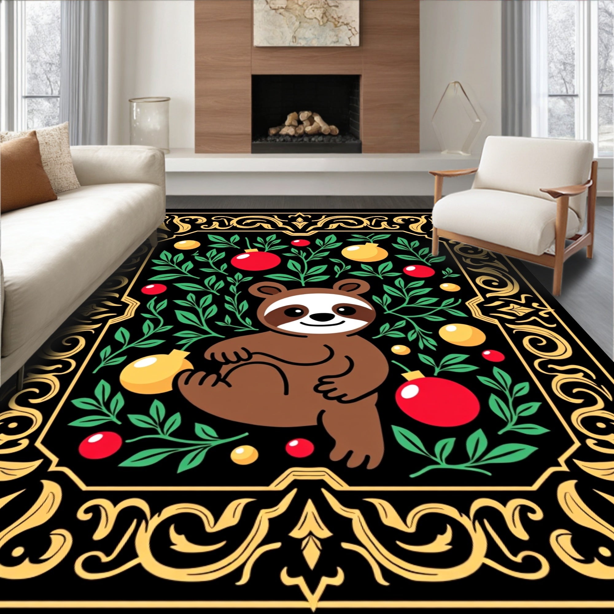 Whimsical Sloth Floral Red Yellow Round Rug