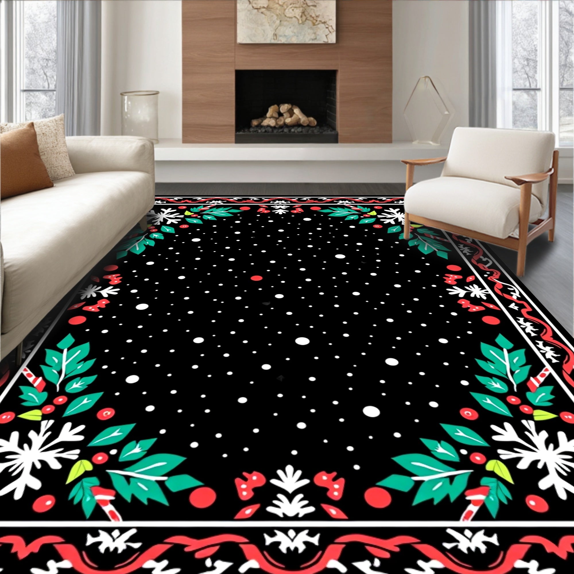Black Snowflake Red Holly Border Rug