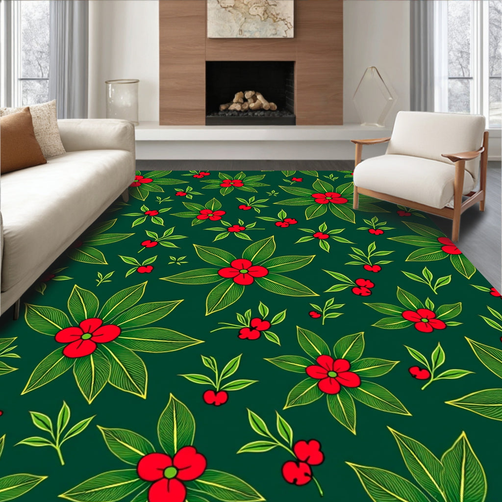 Emerald Green Red Berry Floral Garland Rug
