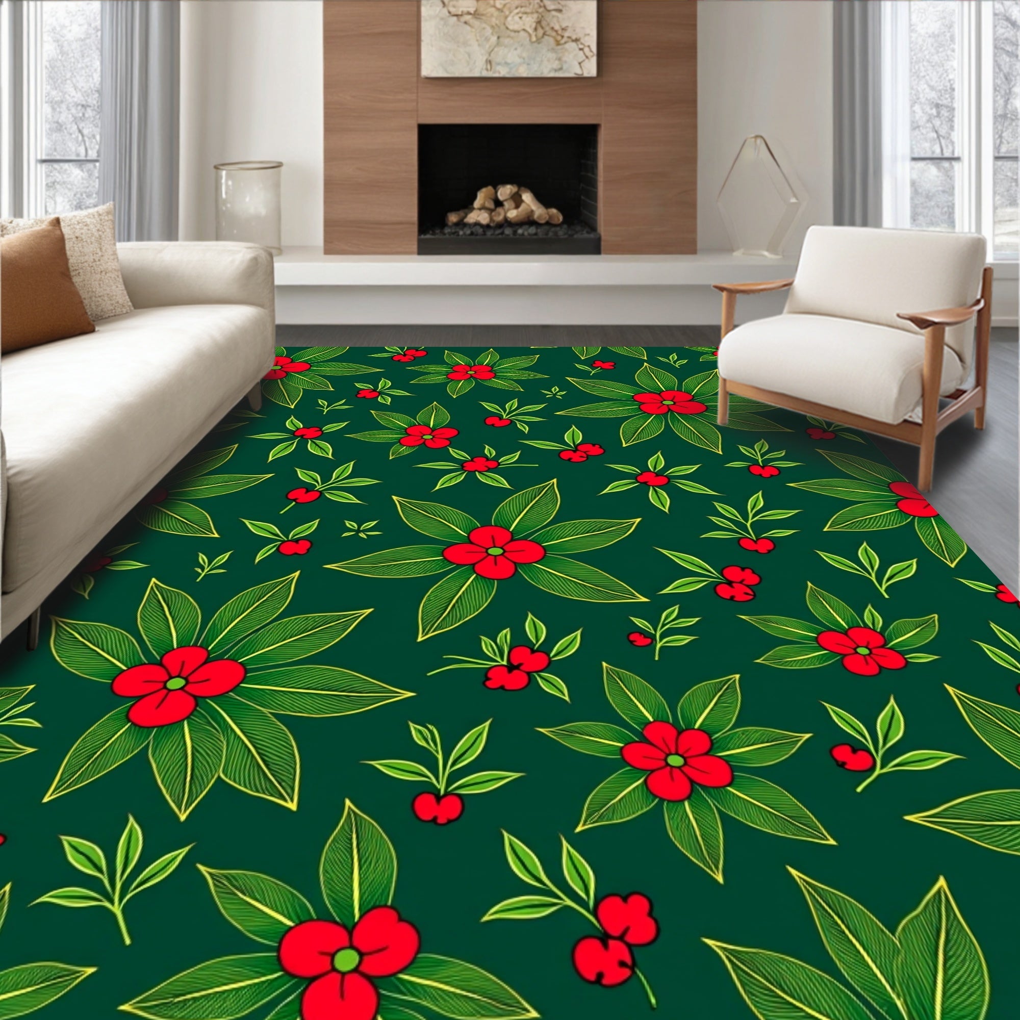 Emerald Green Red Berry Floral Garland Rug