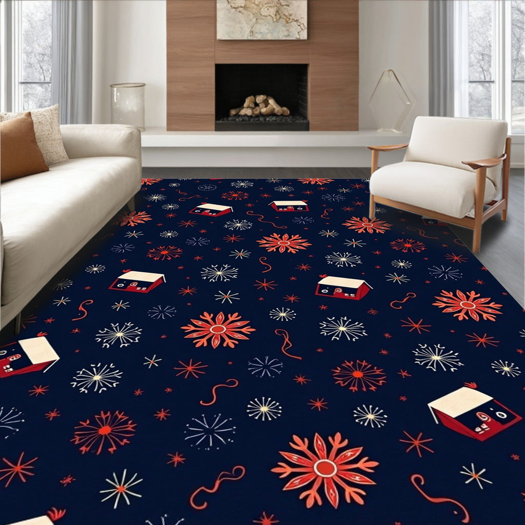 Navy Red White Starflake Houses Rug