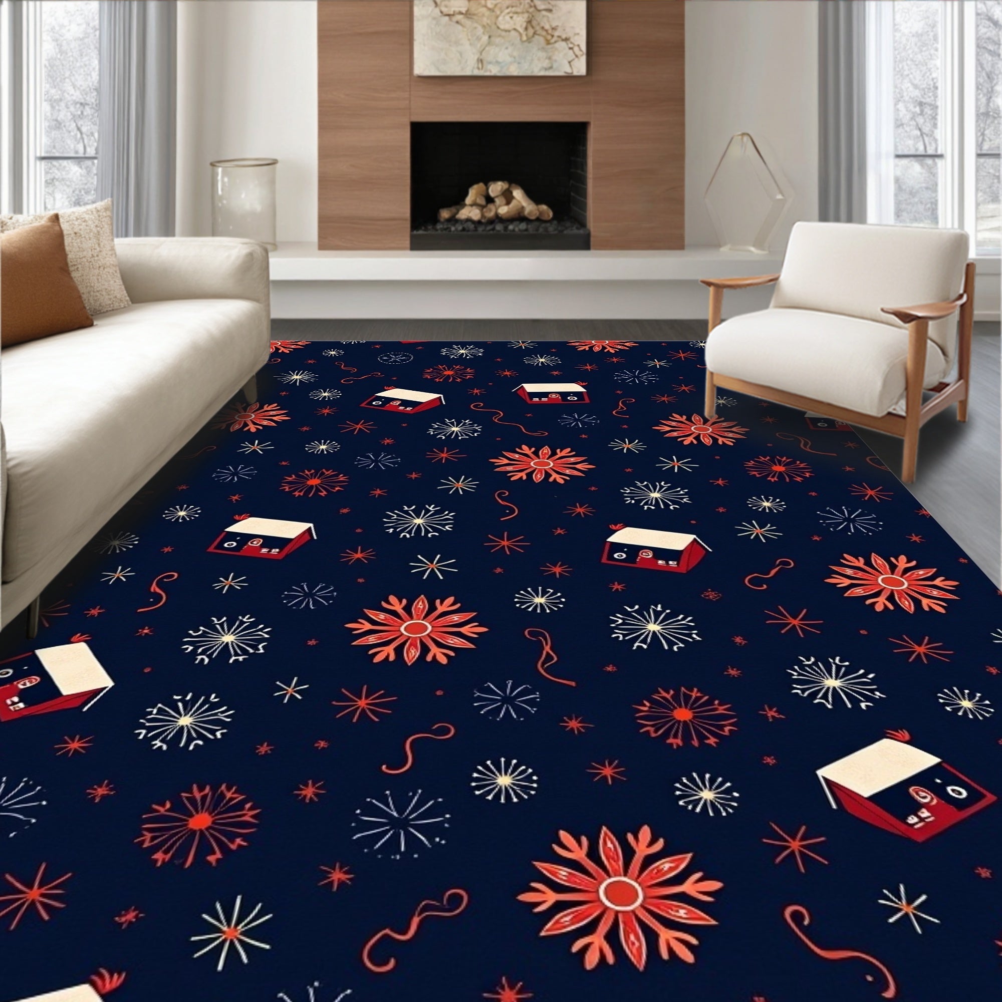 Navy Red White Starflake Houses Rug