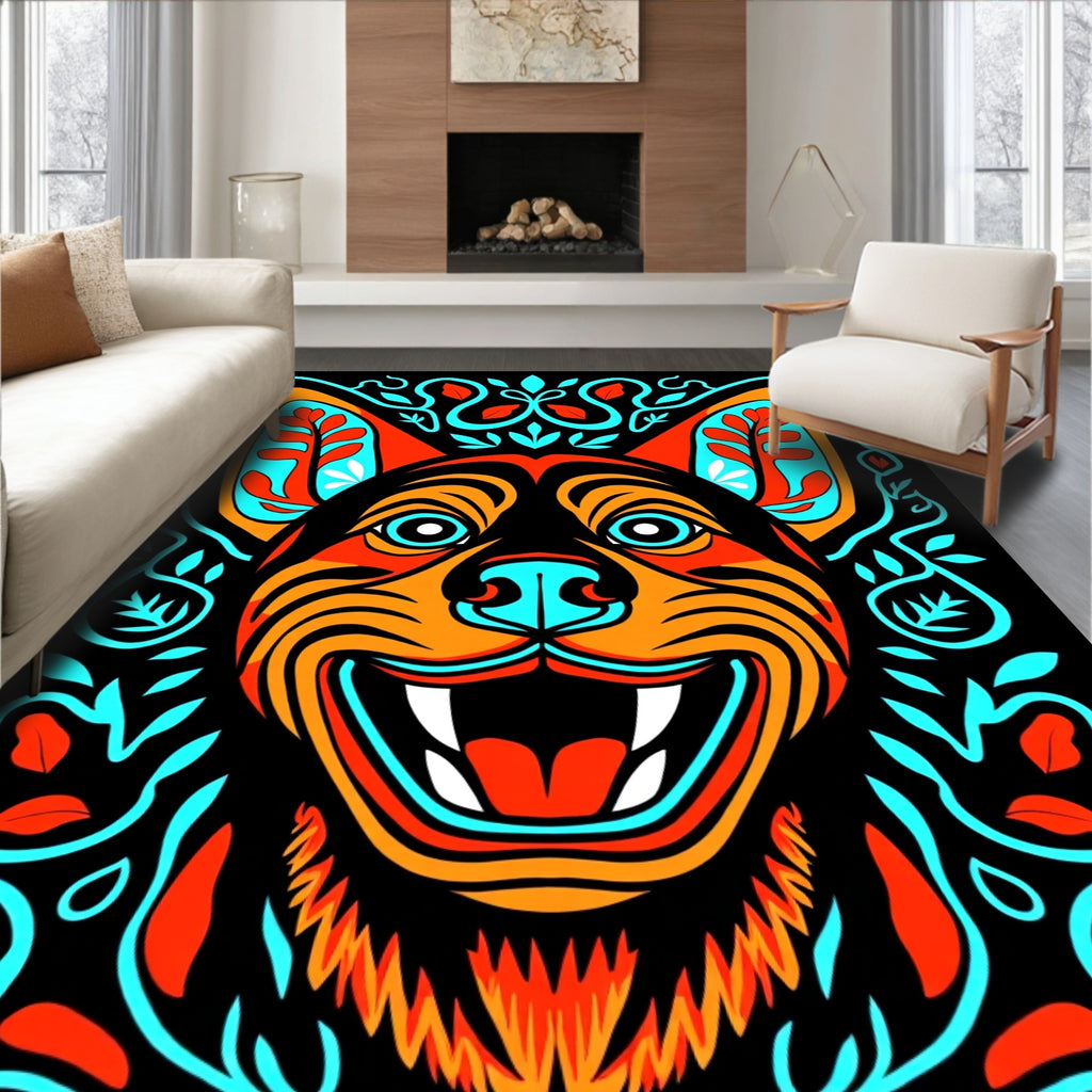 Vibrant Cyan Orange Canine Floral Swirls Rug