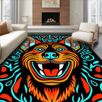Vibrant Cyan Orange Canine Floral Swirls Rug