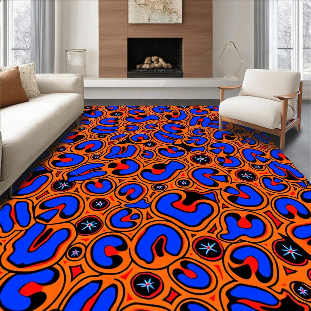 Bold Orange Blue Abstract Organic Forms Rug
