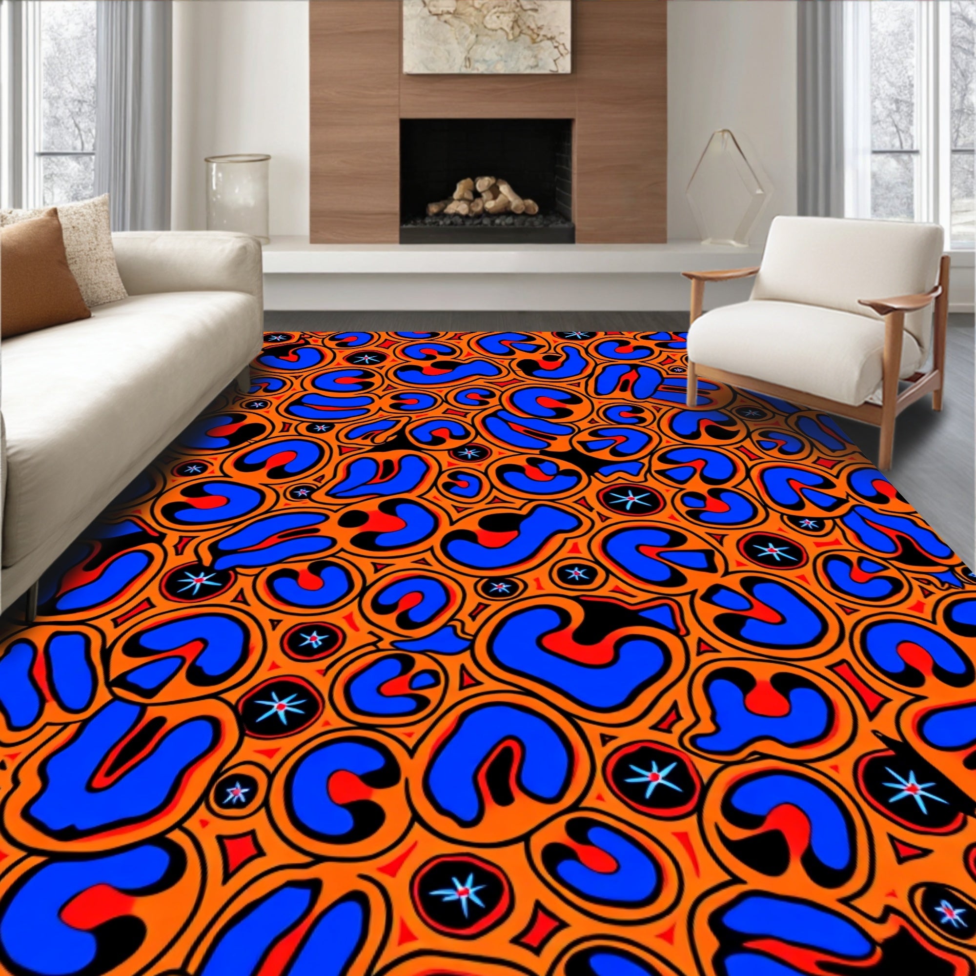Bold Orange Blue Abstract Organic Forms Rug