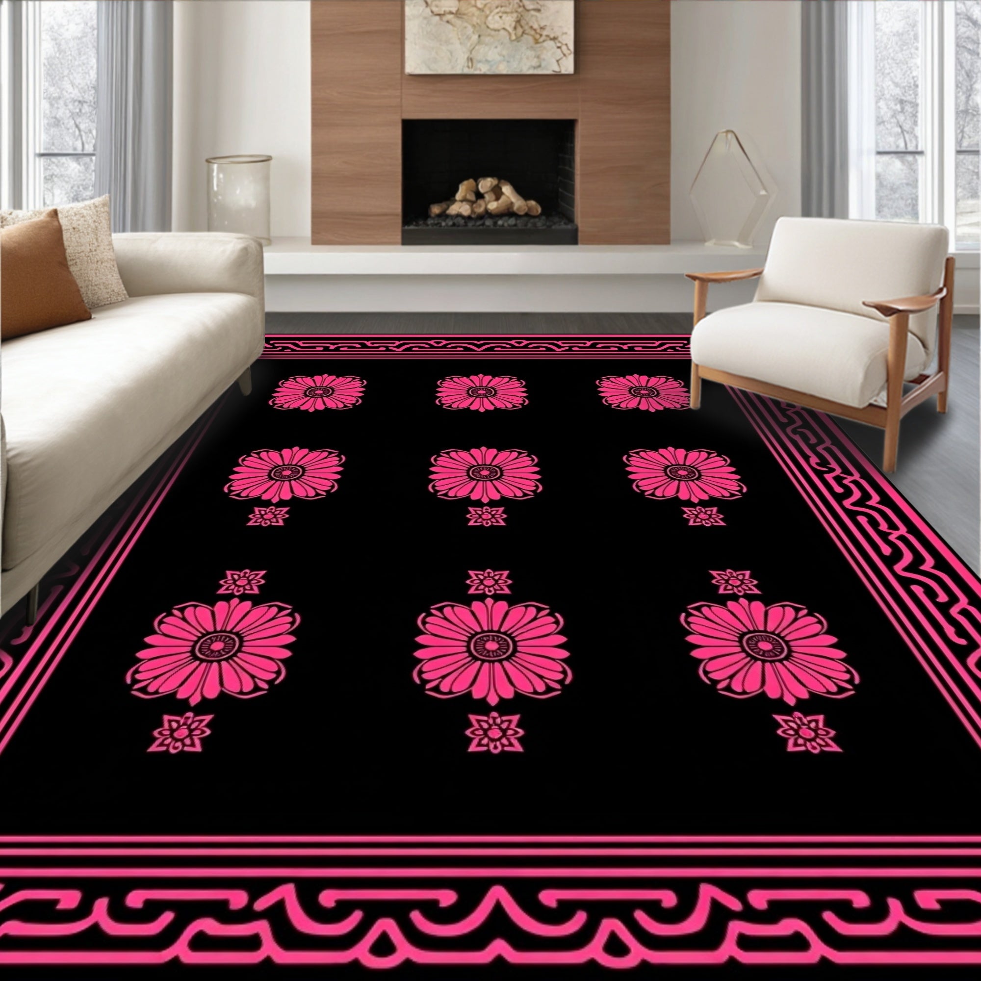 Hot Pink Floral Scatter Black Rug
