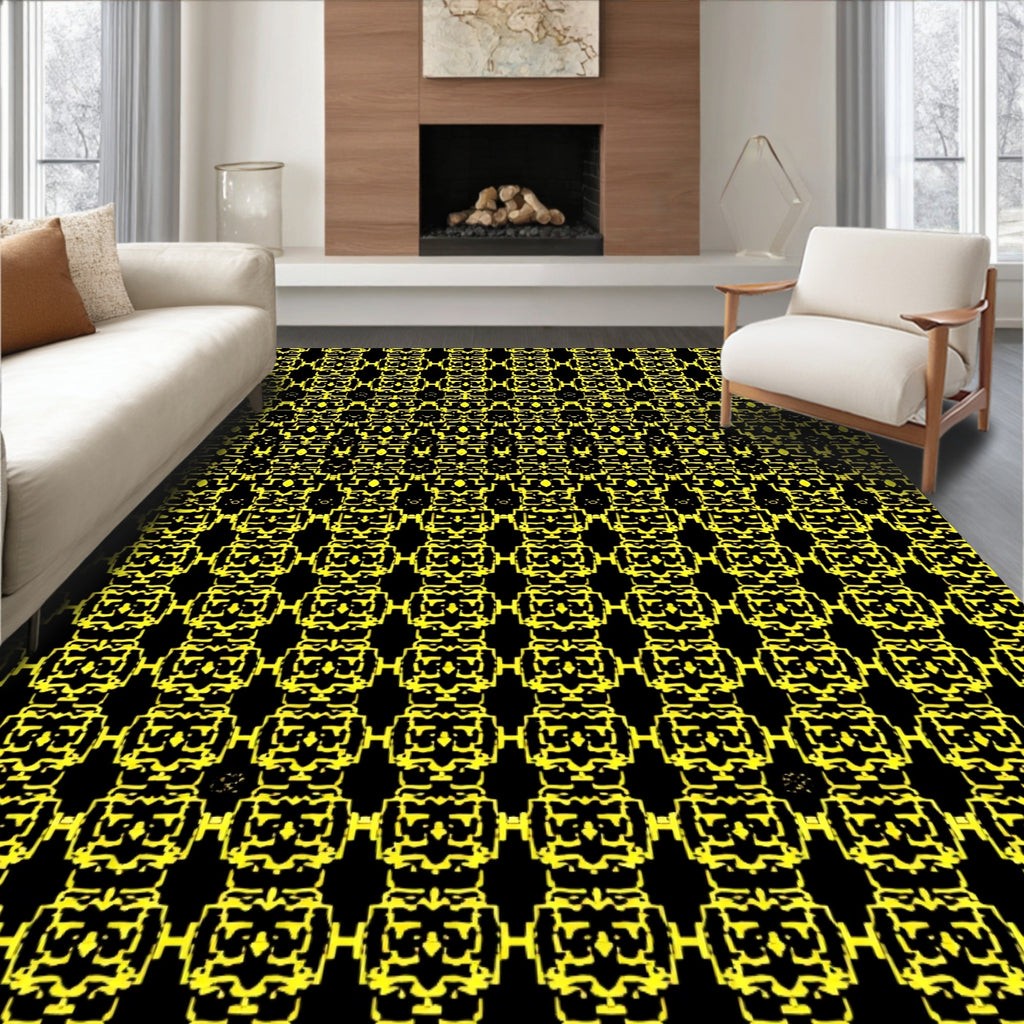 Yellow Black Geometric Rhythmic Lattice Rug