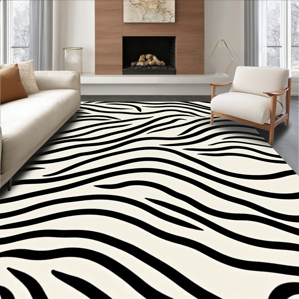 Classic Black White Zebra Waves Rug