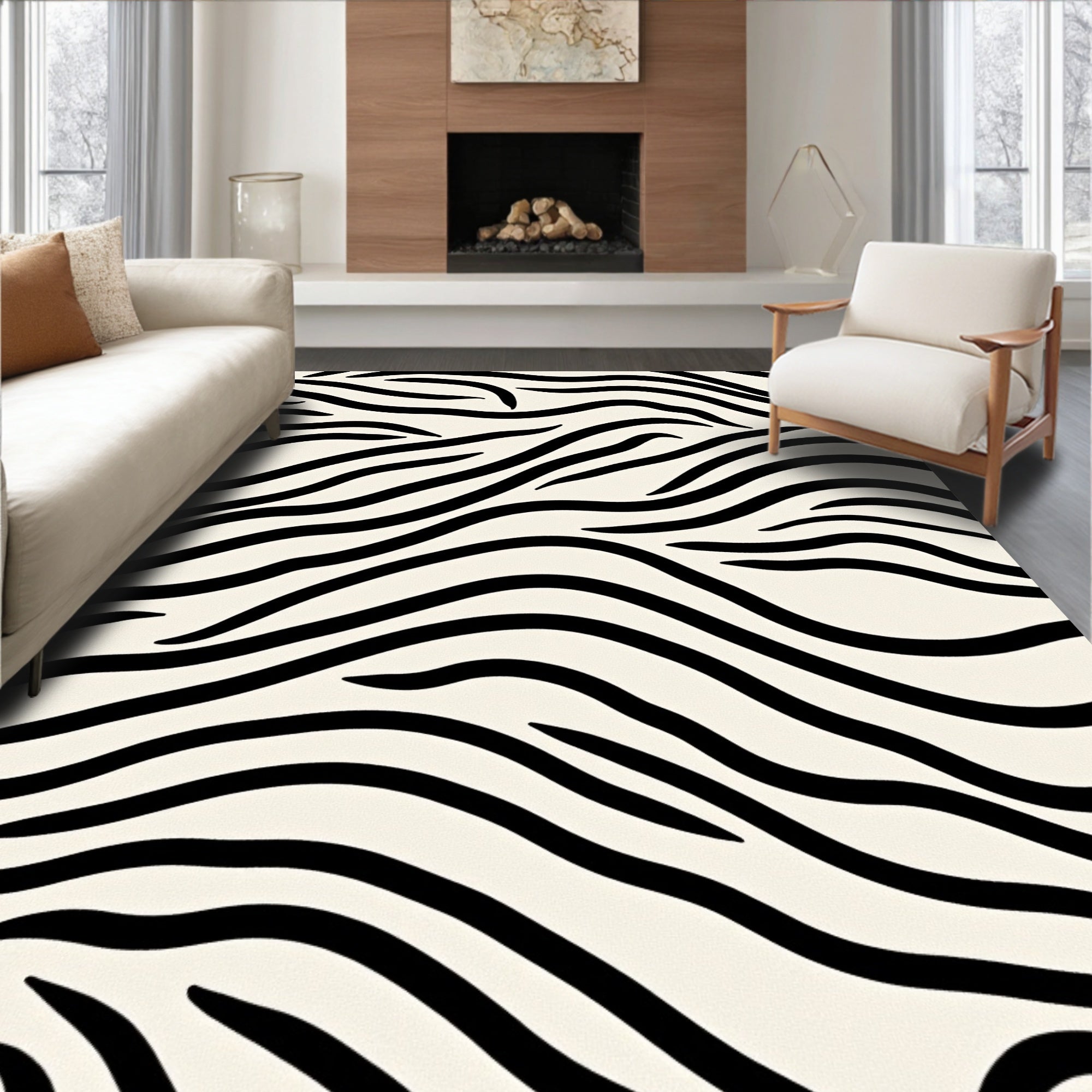 Classic Black White Zebra Waves Rug