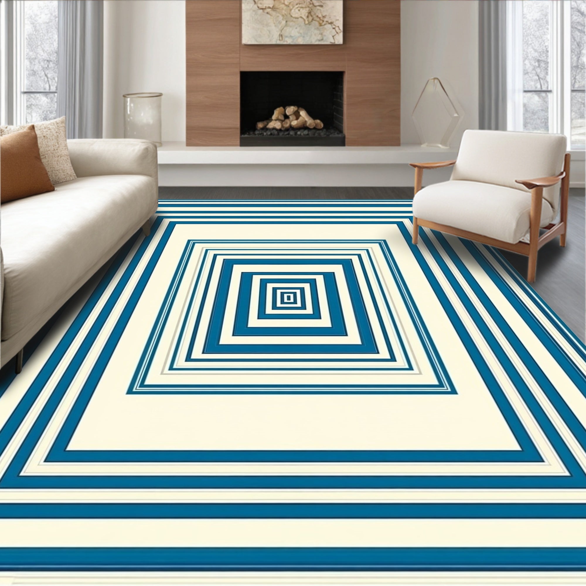 Ocean Blue Concentric Squares Rug