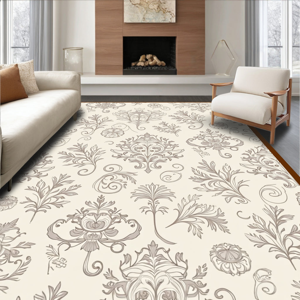 Cream and Sepia Flourish Damask Rug