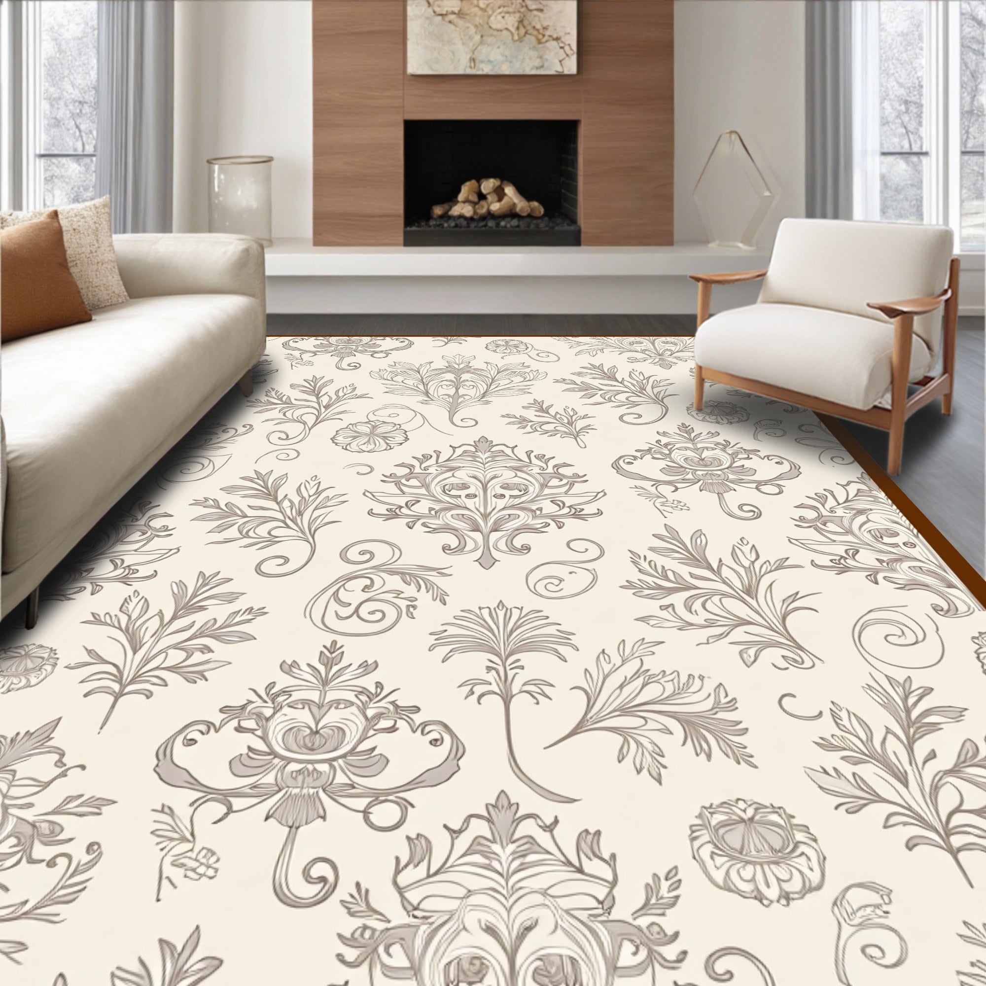Cream and Sepia Flourish Damask Rug