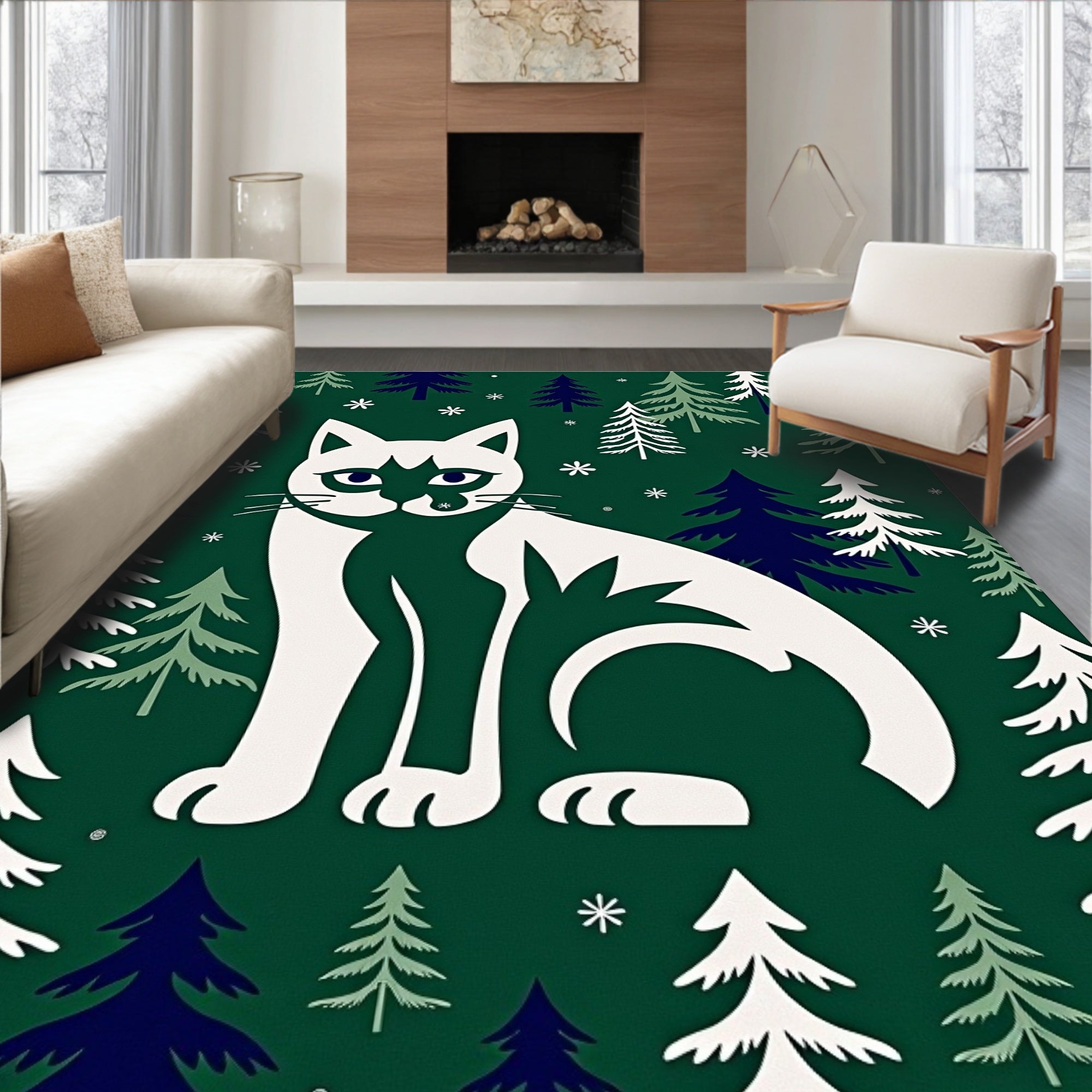 White Cat Forest Scene Rug