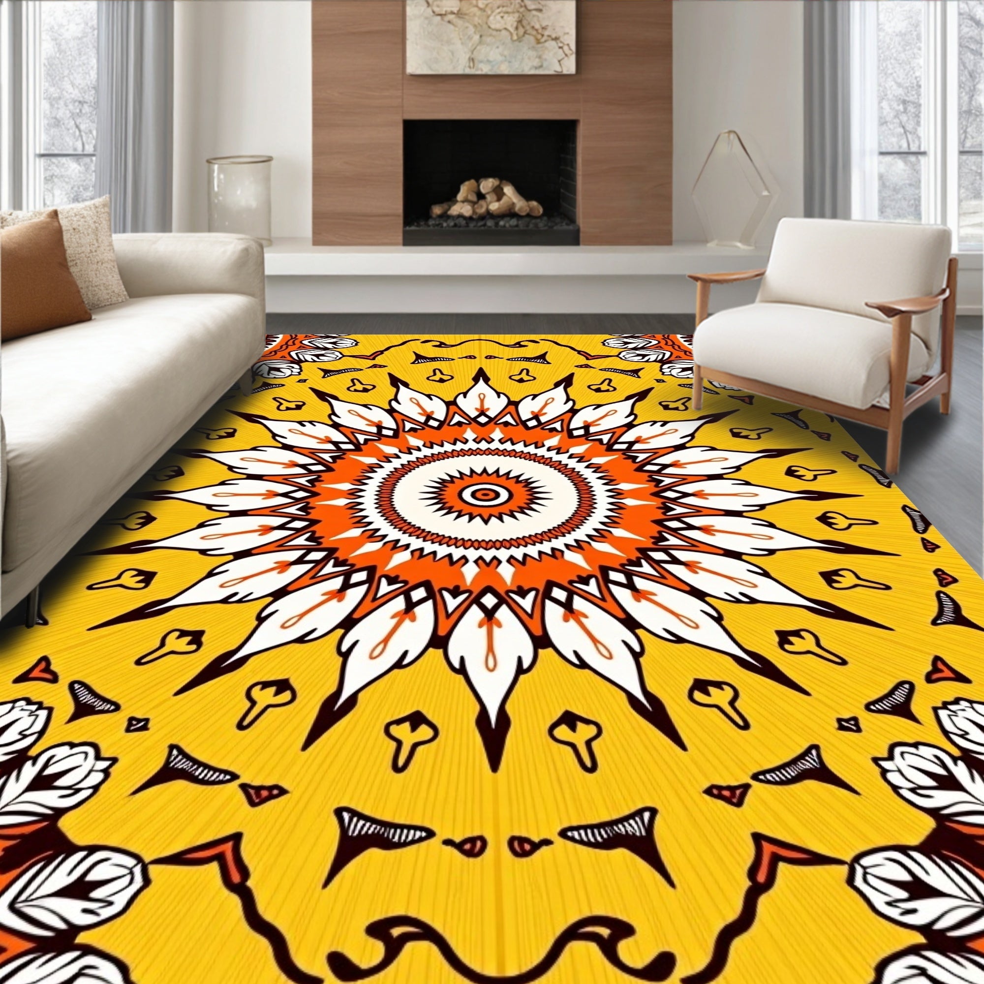 Vibrant Sunburst Medallion Orange White Rug