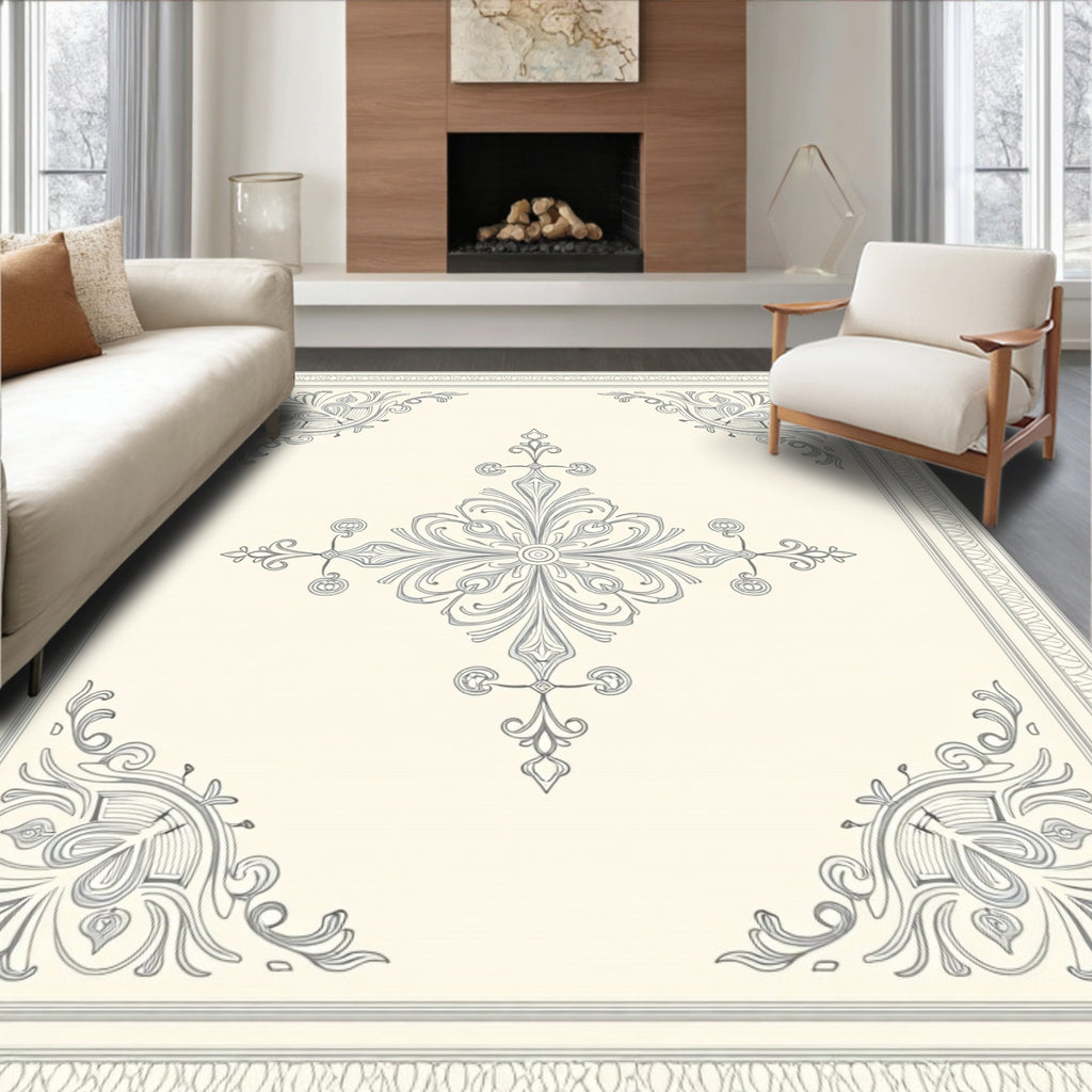 Cream Gray Antique Floral Scroll Rug