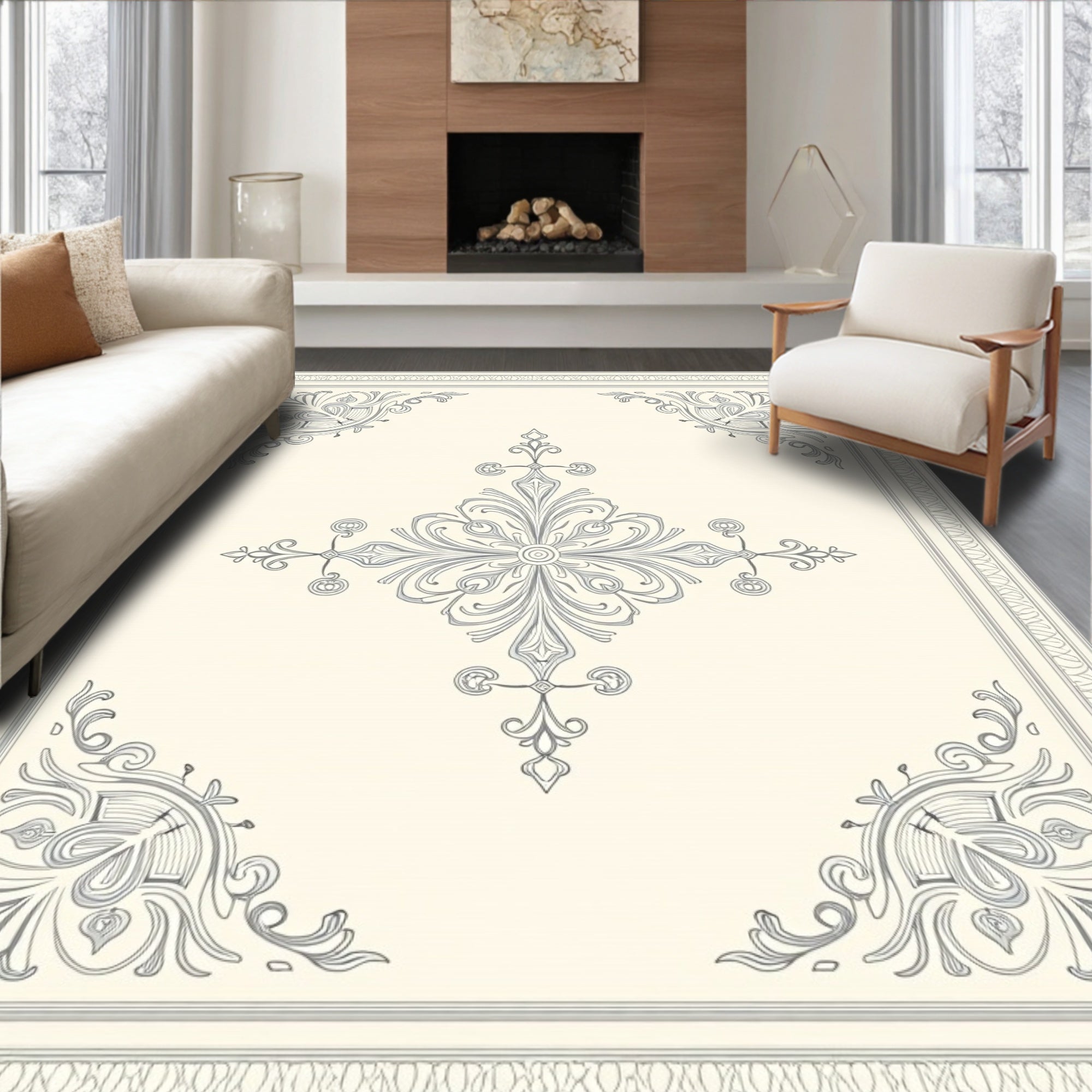 Cream Gray Antique Floral Scroll Rug