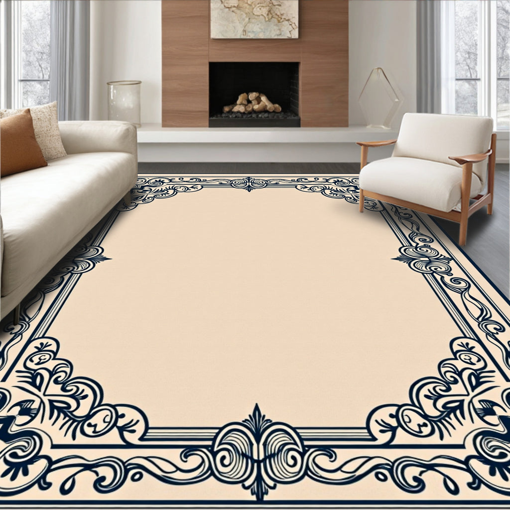 Dark Blue Ornamental Filigree Border Rug