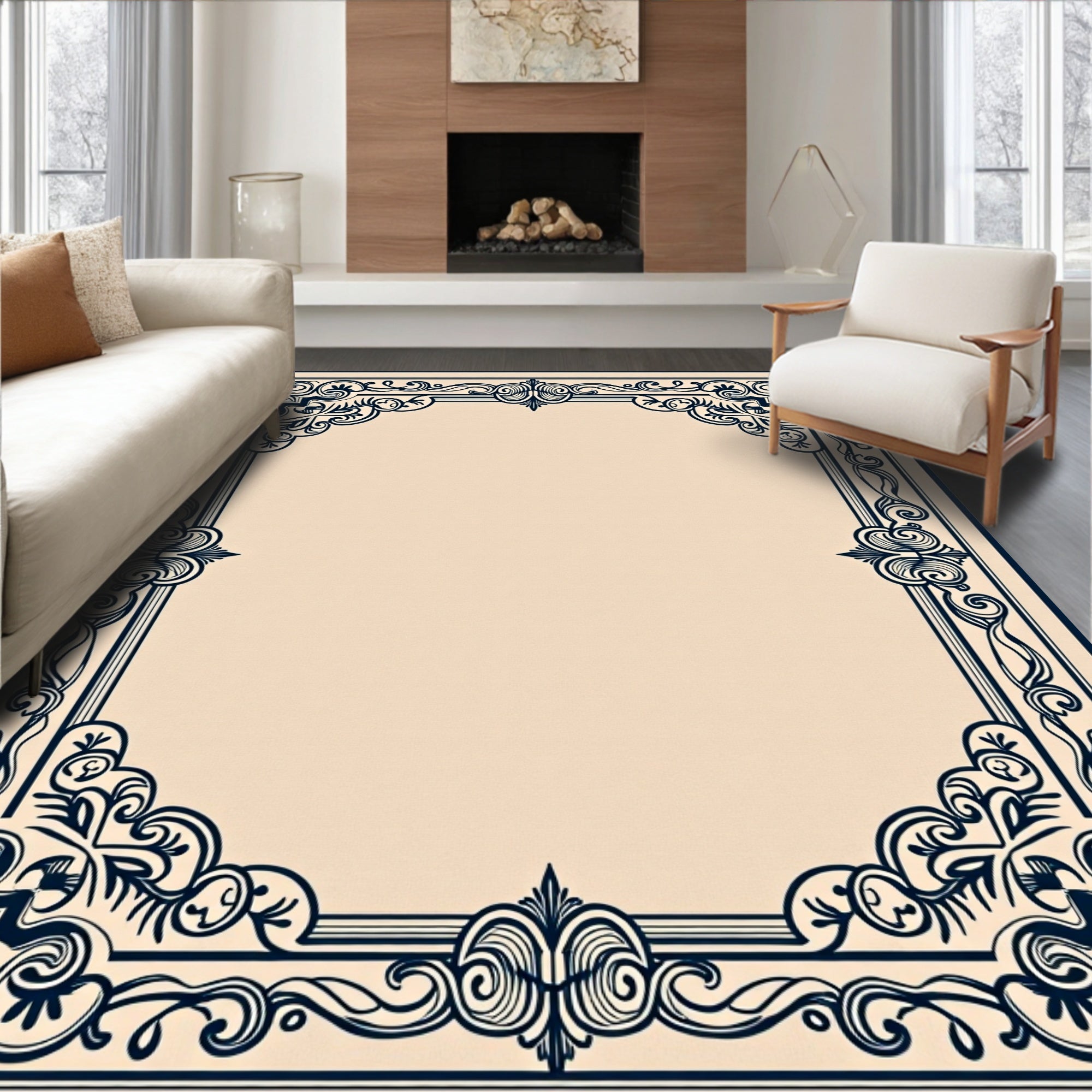 Dark Blue Ornamental Filigree Border Rug