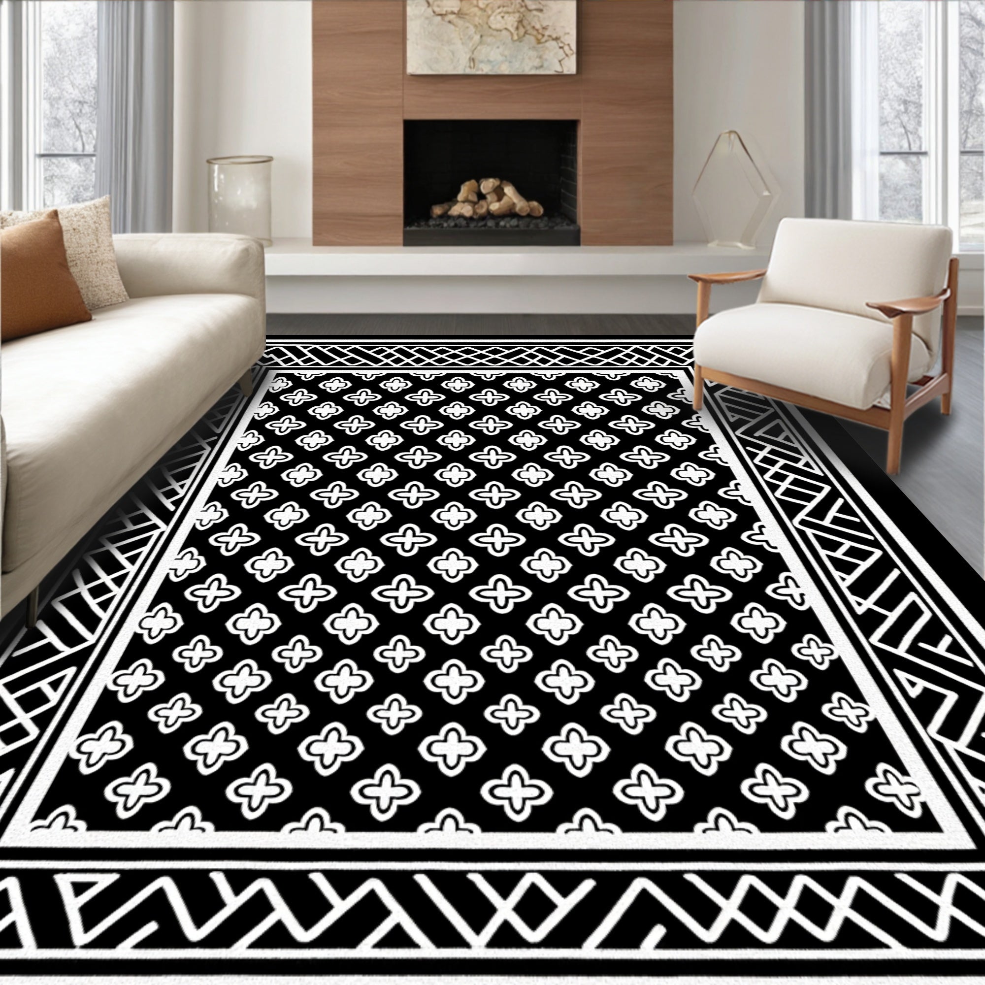 Black White Geometric Quatrefoil Border Rug
