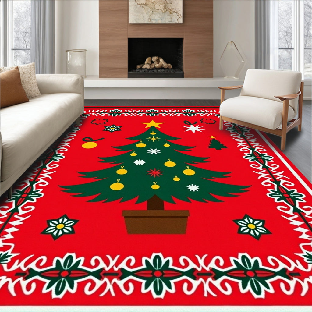 Whimsical Christmas Tree Starburst Border Rug