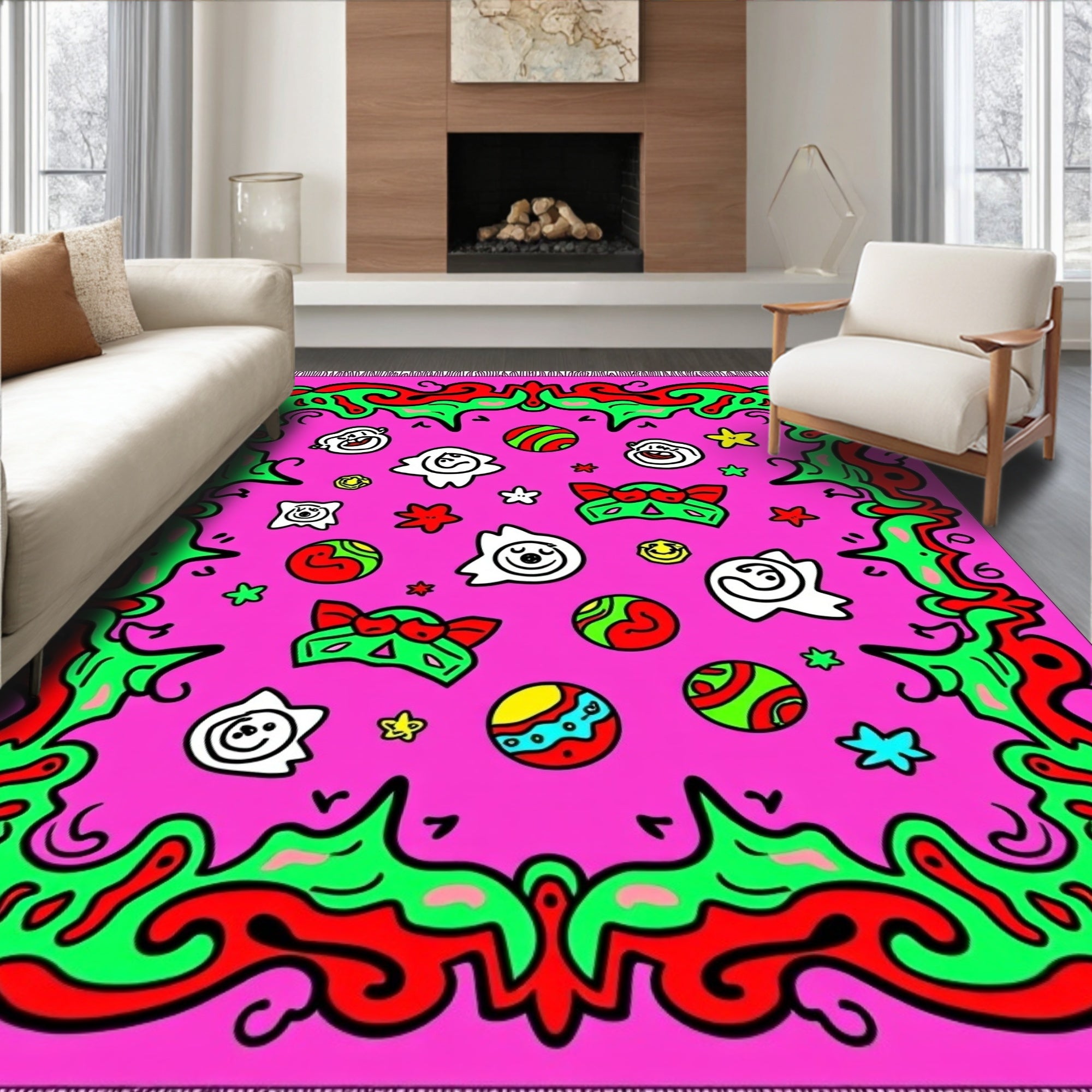 Whimsical Pink Faces Circus Balls Rug