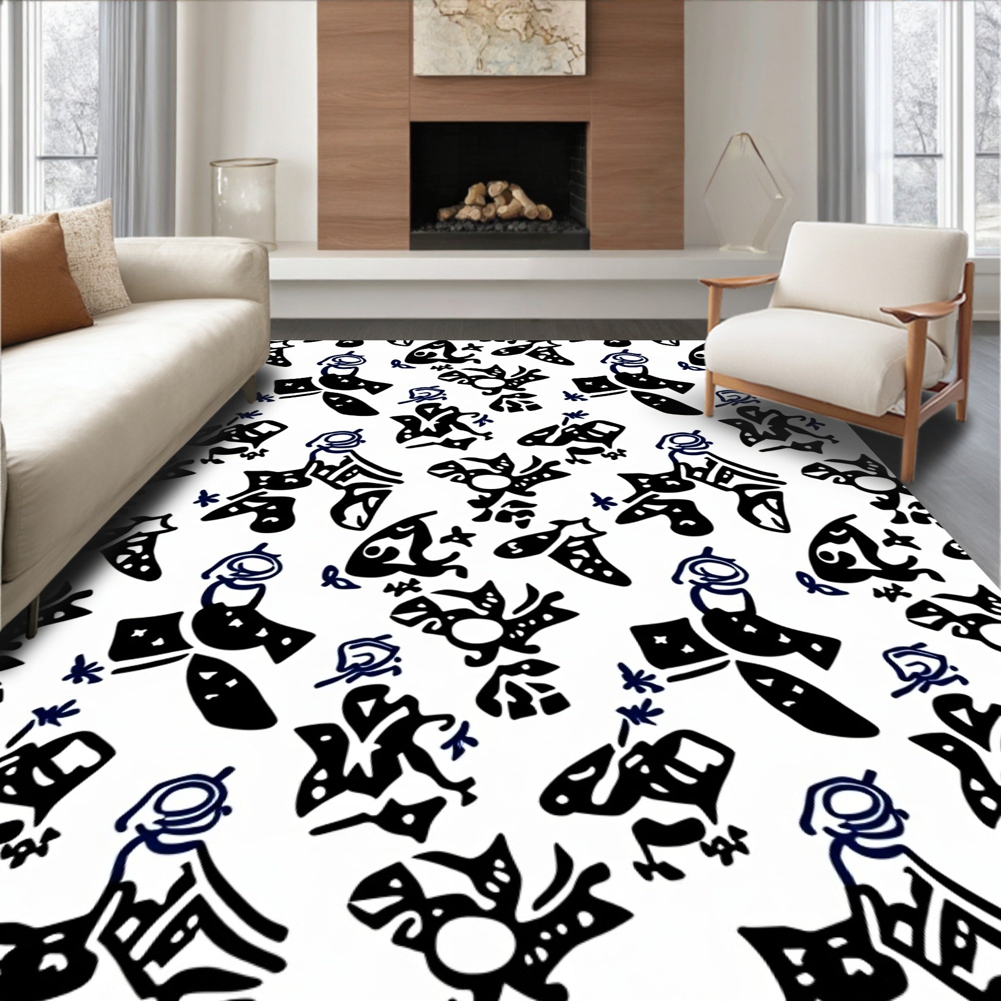 Abstract Ink Bird And Flower Rug