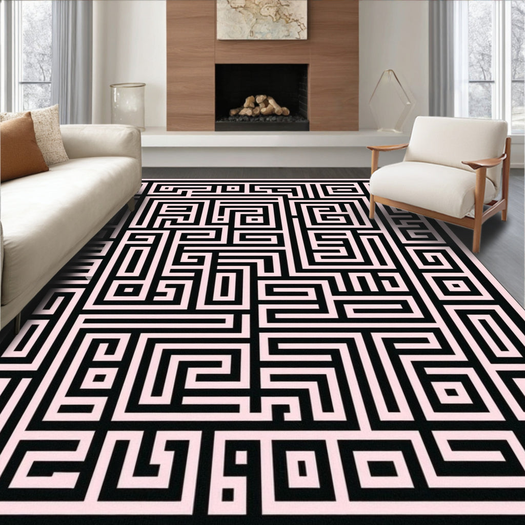 Black Pink Geometric Maze Puzzle Rug