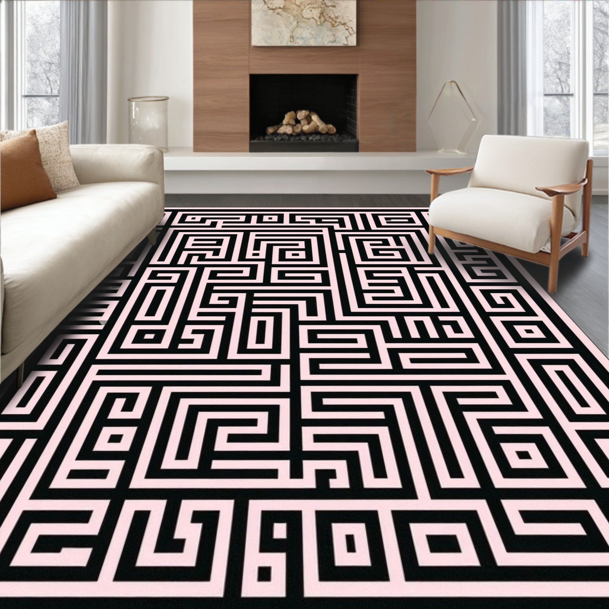 Black Pink Geometric Maze Puzzle Rug