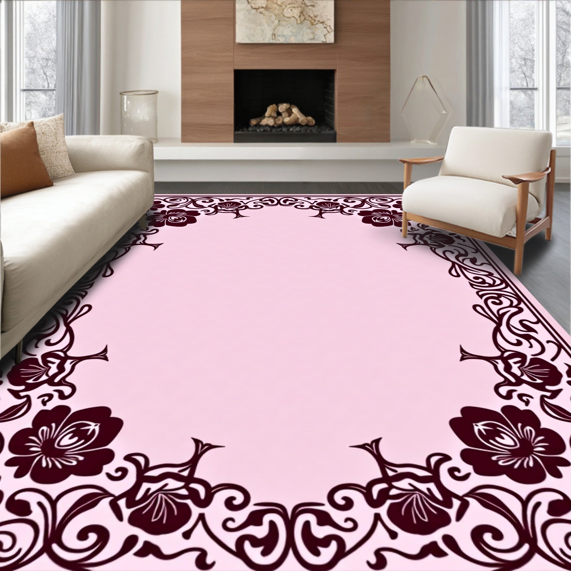 Ornate Dark Floral Oval Frame Rug