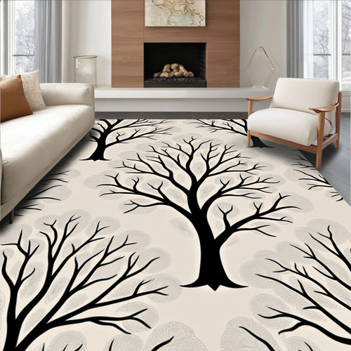 Black Bare Winter Tree Silhouette Rug