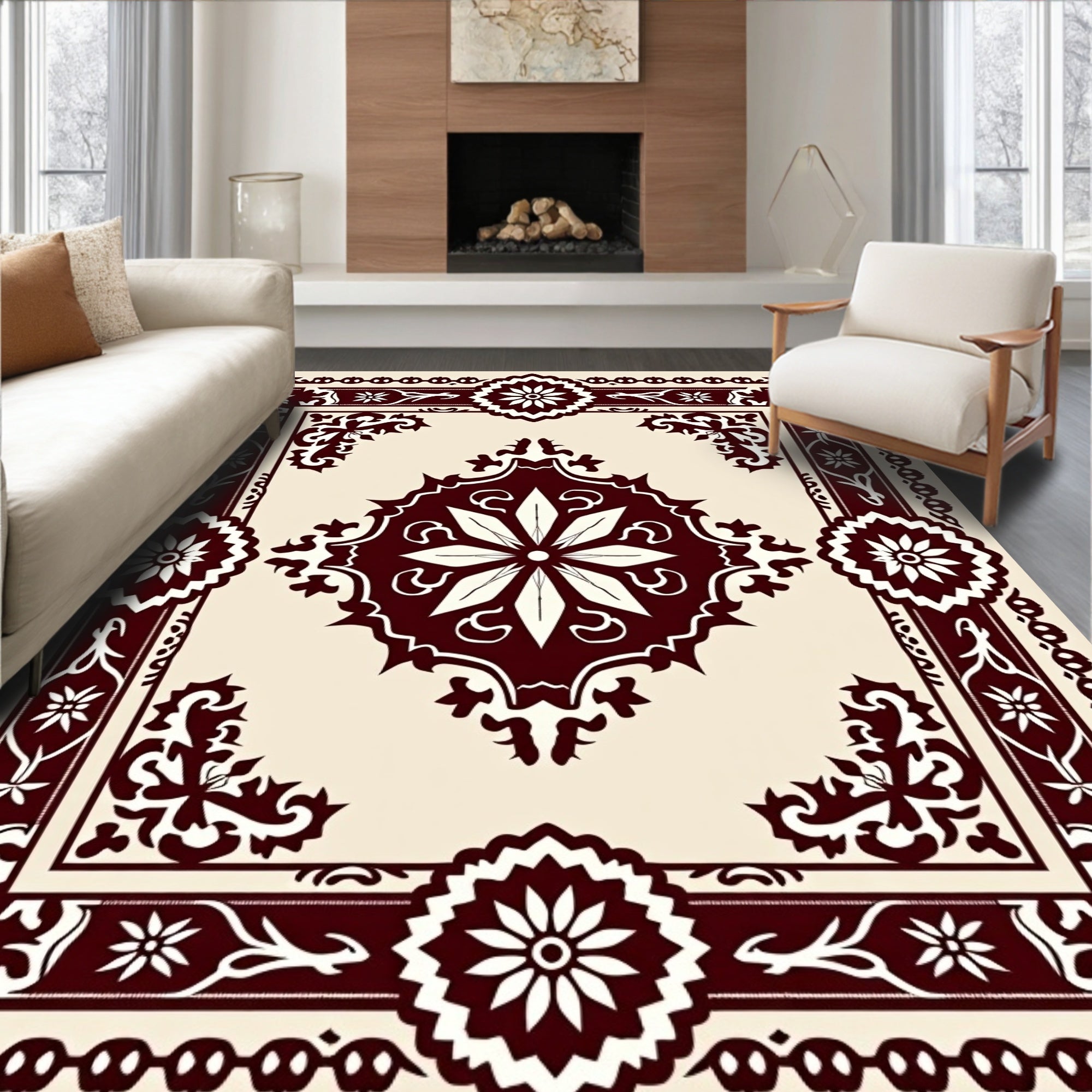Deep Red Bloom Border Medallion Rug