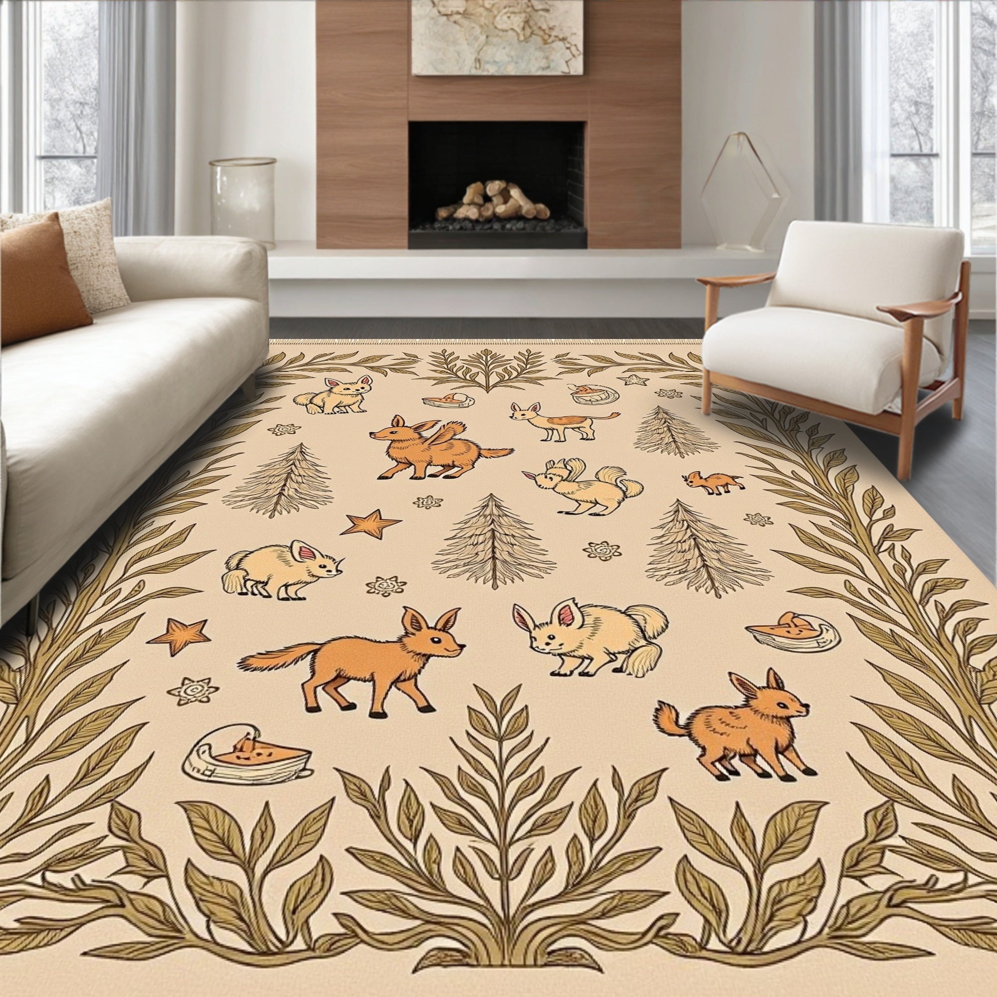 Woodland Creatures Botanical Border Rug