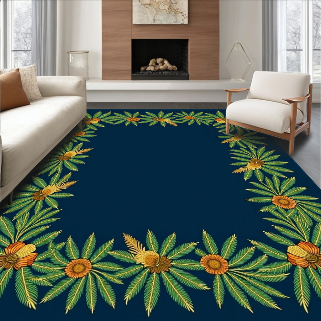 Deep Blue Tropical Floral Border Rug