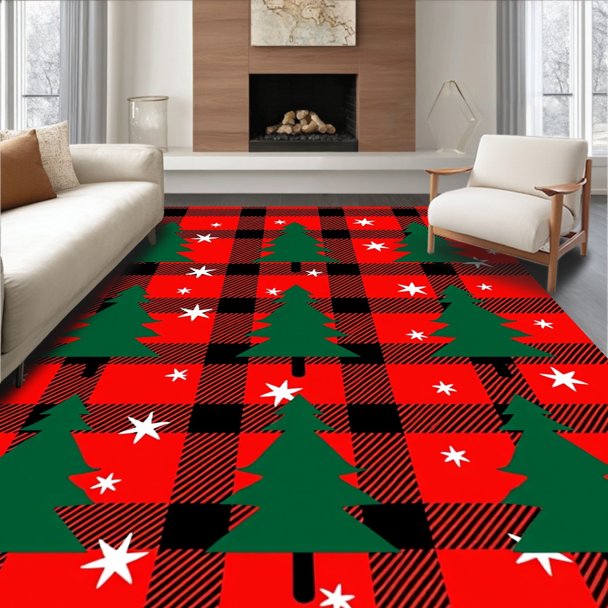 Red Black Buffalo Plaid Trees Stars Rug