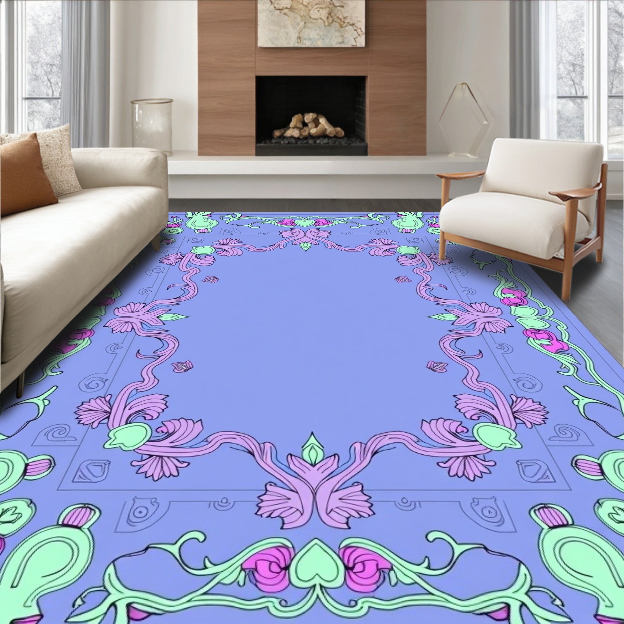 Whimsical Pastel Floral Vine Border Rug
