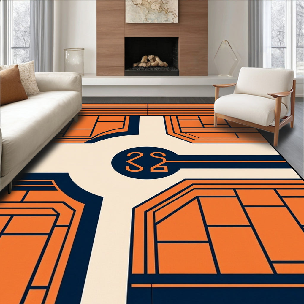 Orange Navy Geometric Grid Abstract Rug