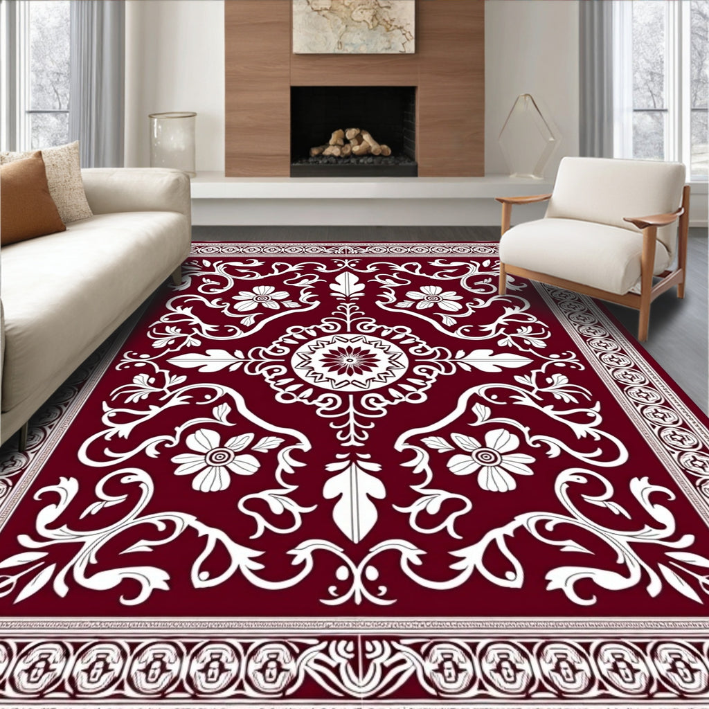 Deep Red White Floral Medallion Rug