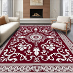 Deep Red White Floral Medallion Rug