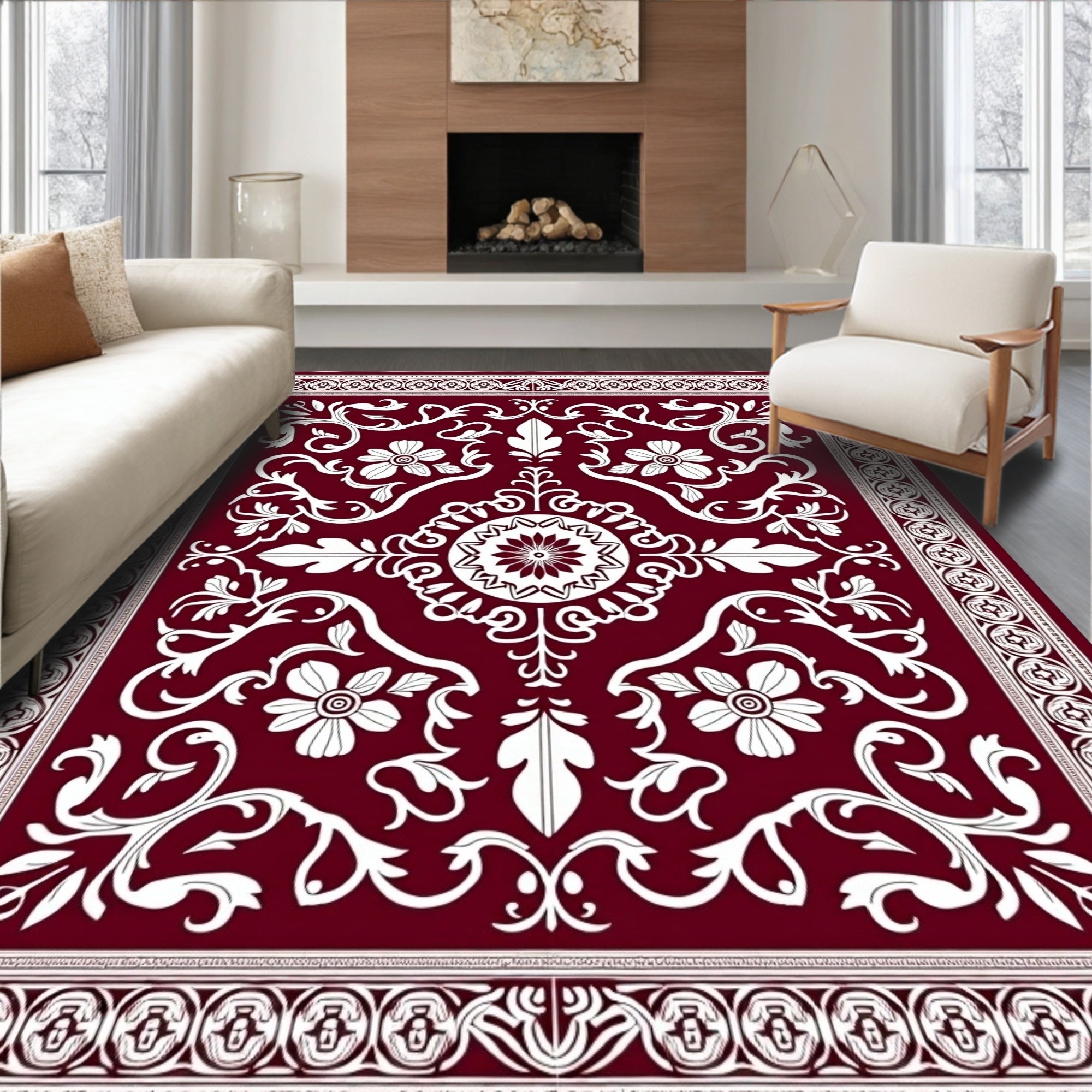 Deep Red White Floral Medallion Rug