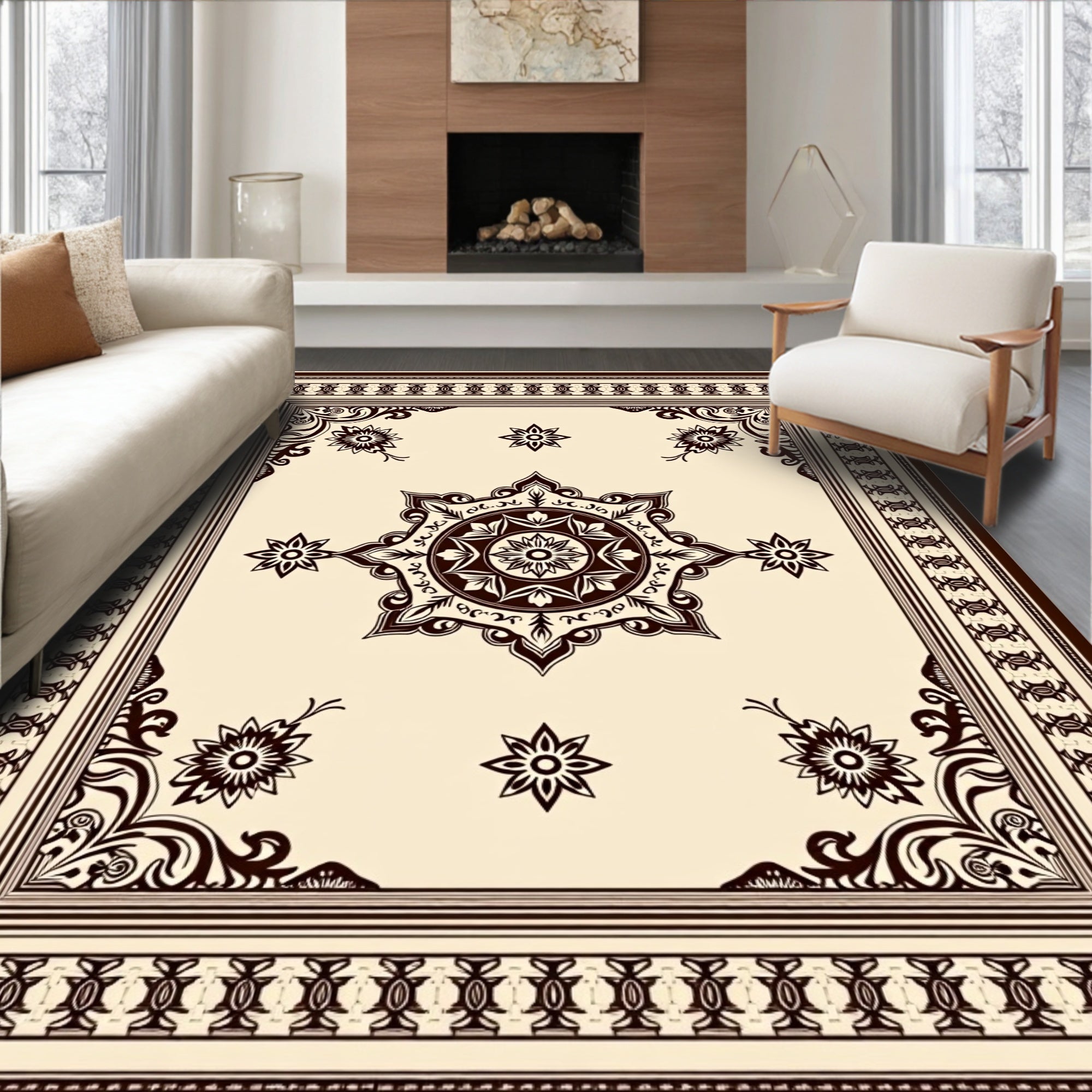 Classic Cream Brown Floral Medallion Rug