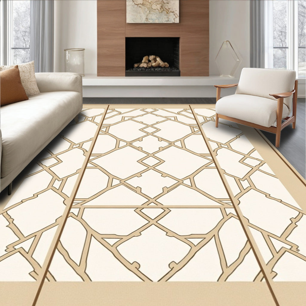 Cream Tan Interlocking Geometric Lattice Rug