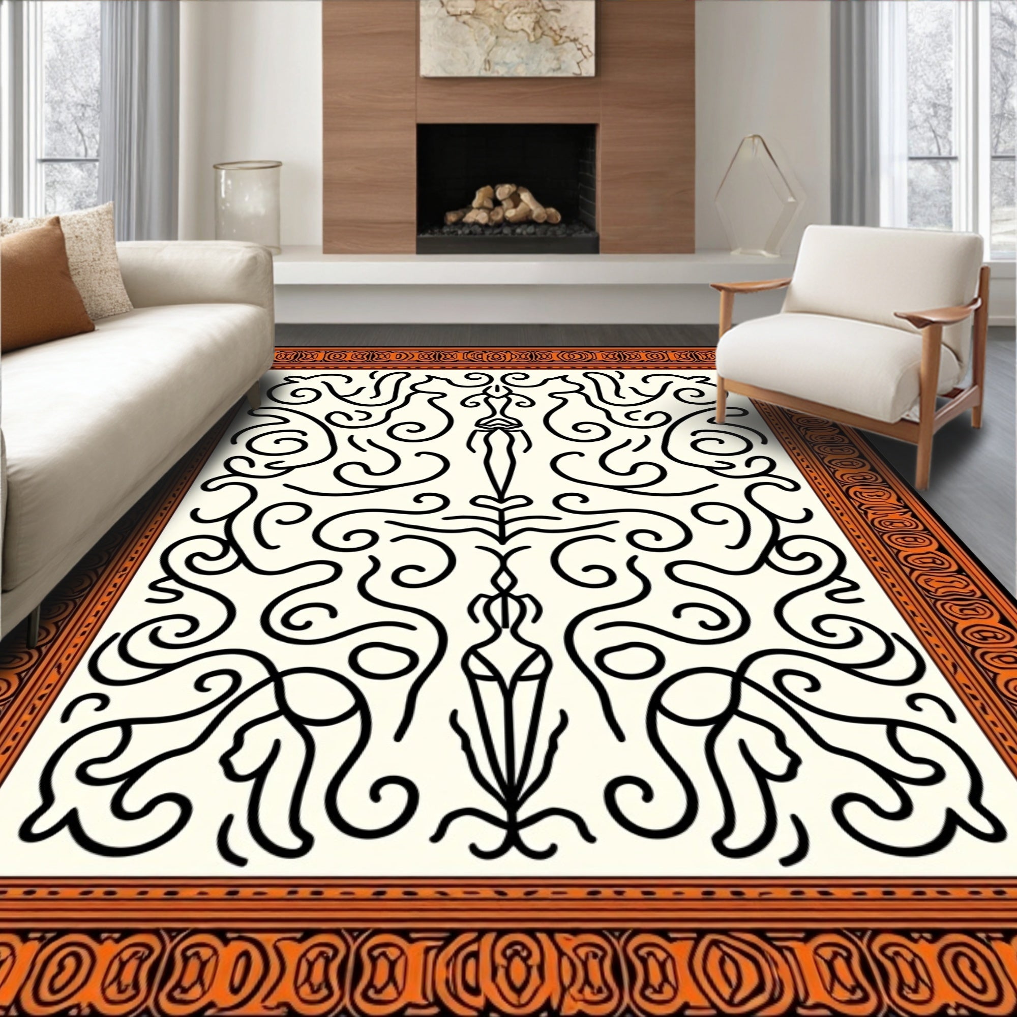 Orange Ivory Art Nouveau Swirl Rug